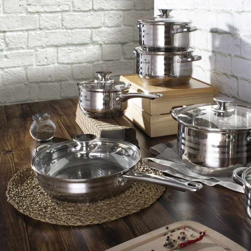 Blaumann σετ μαγειρικών σκευών 12τμχ. Inox με γυάλινα καπάκια, , medium-null