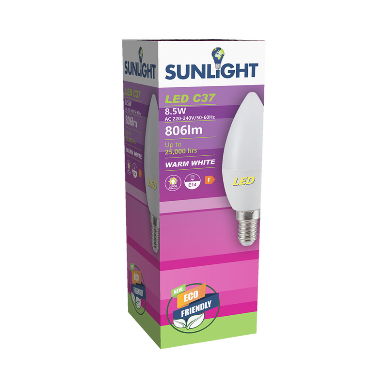 Sunlight led 8.5w c37 λαμπτηρας κεριου e14 806lm 3000k frosted, , medium-null