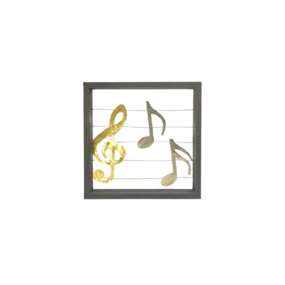 Music notes in a frame, brown wood, silver, gold, medium