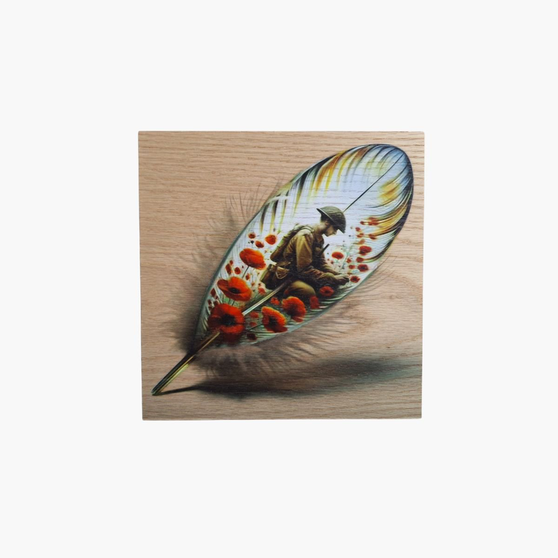 Soldier and feather splash art print on wood, , medium-null