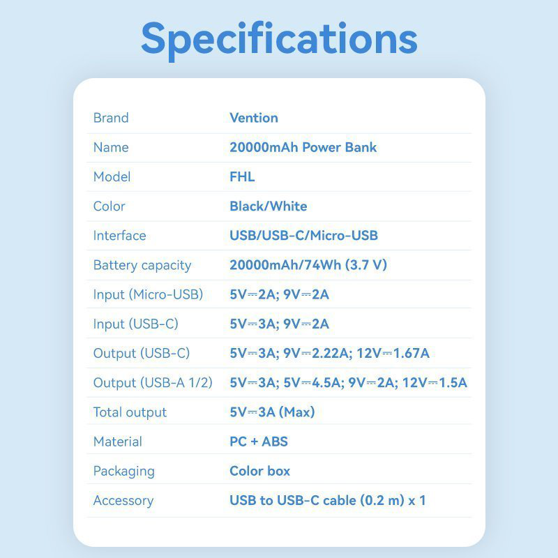 Vention powerbank 20000mAh 22.5w black fhlb0, , medium-null