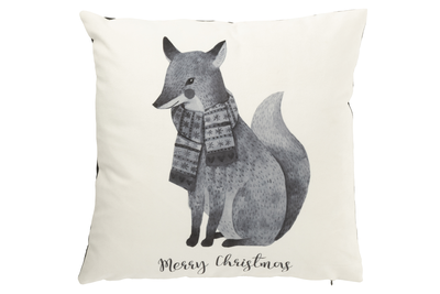 Cushion fox with scarf (45x45x13cm) velvet white/black cotton/linen/polyester, White, medium