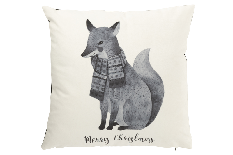 Cushion fox with scarf (45x45x13cm) velvet white/black cotton/linen/polyester-null