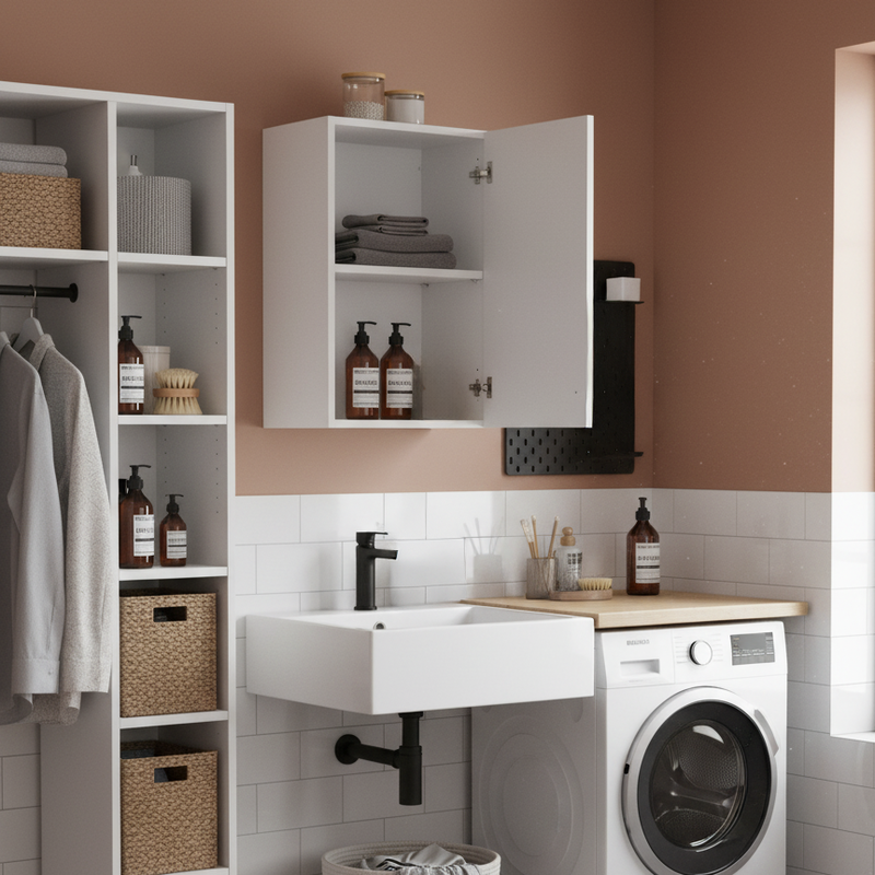 White frassinato wall cabinet 40&times;69&times;33 cm with door and adjustable shelf, pre-assembled for bathroom, kitchen, laundry room and entryway., , medium-null