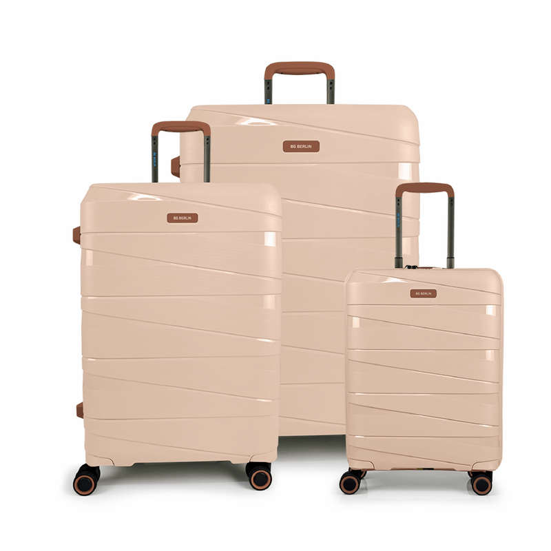 Product image: Bg berlin - ted set of 3 luggages & bg tumbler gift (4 wheel) 55cm/20in, 66cm/24in, 76cm/28in suitcases, cream/camel-null
