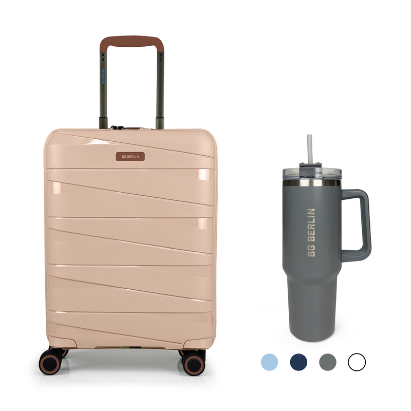 Product image: Bg berlin - ted cabin size/carry-on & bg tumbler gift (4 wheel) 55cm/20in luggage, 10kg suitcase, cream/camel-null