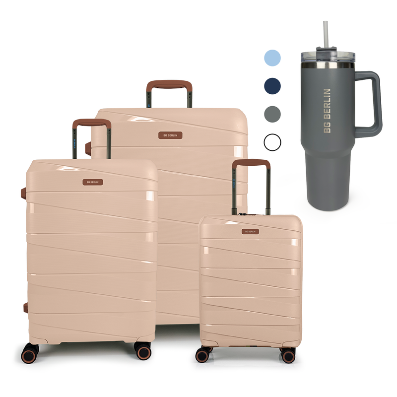 Bg berlin - ted set of 3 luggages  & bg tumbler gift (4 wheel) 55cm/20in, 66cm/24in, 76cm/28in suitcases, cream/camel-null