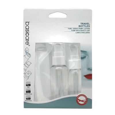 Basicare travel bottles 3pieces 1887. Tube, spray pump, lotion, pump with safety cap. Labels included, , medium
