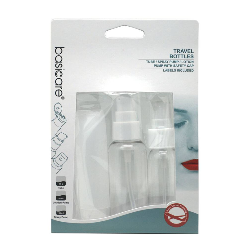Basicare travel bottles 3pieces 1887. Tube, spray pump, lotion, pump with safety cap. Labels included, , medium-null