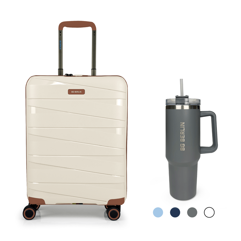 Product image: Bg berlin - ted cabin size/carry-on & BG Tumbler Gift (4 wheel) 55cm/20in luggage, 10kg suitcase, beige/camel-null
