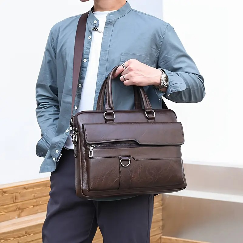 Men's vintage style PU Leather brown briefcase, , medium image number null