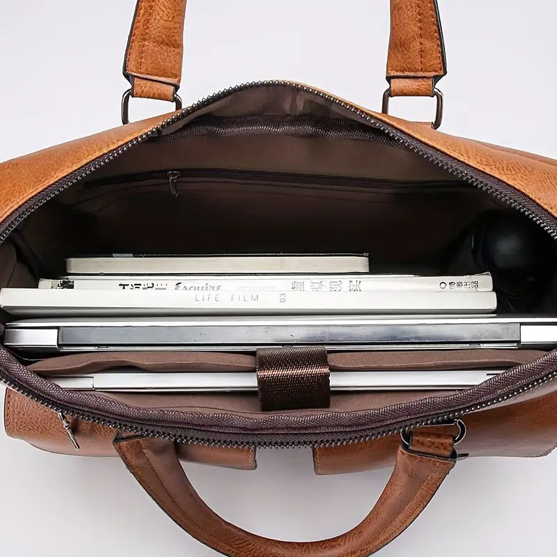 Men's vintage style PU Leather brown briefcase, , medium image number null