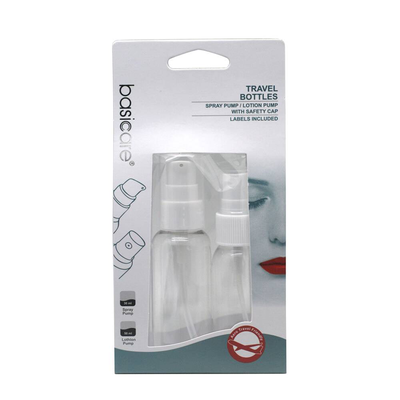 Basicare travel bottles 1886. Spray pump, lotion pump with safety cap. Labels included, , medium