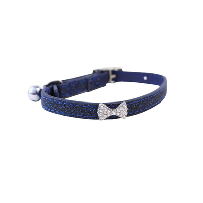 Happy pet glitter bow faux leather cat collar/blue, , medium