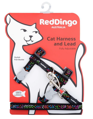 Red dingo squiggles black cat harness combo, , medium
