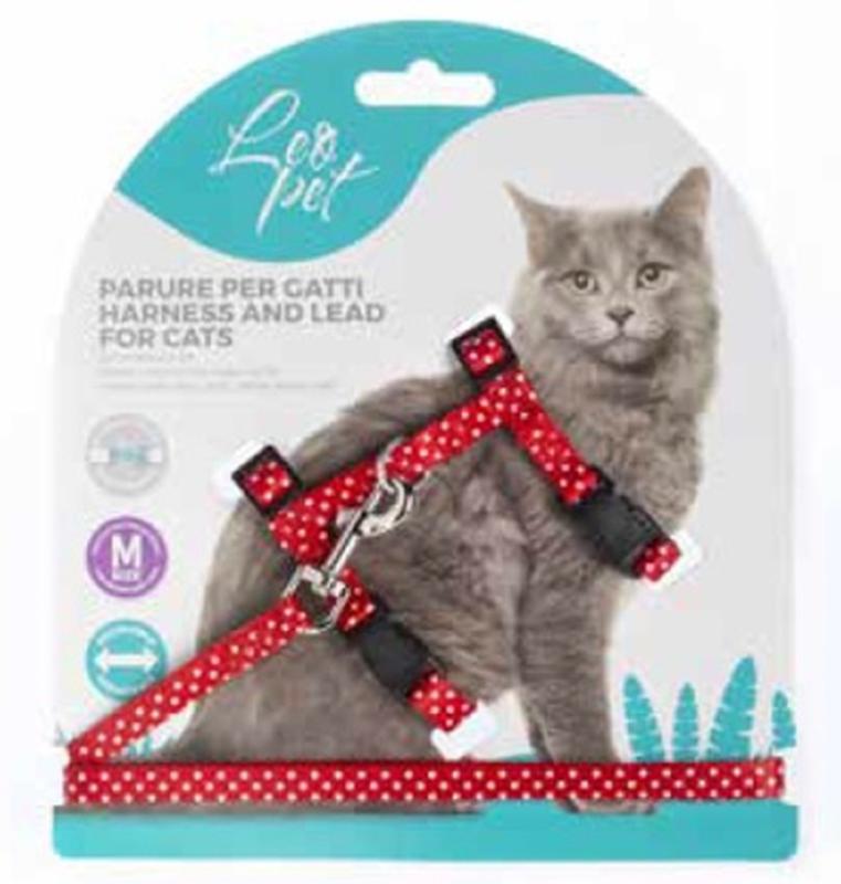 Leo pet cat harness/lead red with dots - large-null
