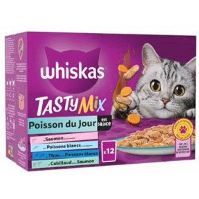 Whiskas pouch wet cat food tasty mix fish 12x85g, , medium