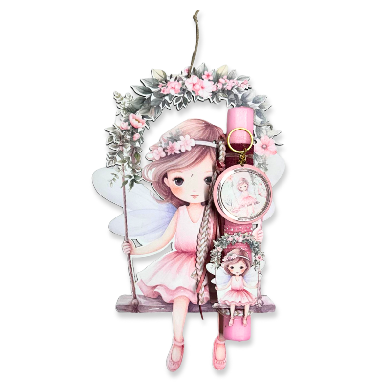 Hand-decorated easter candle with wooden base - flower fairy, , medium-null