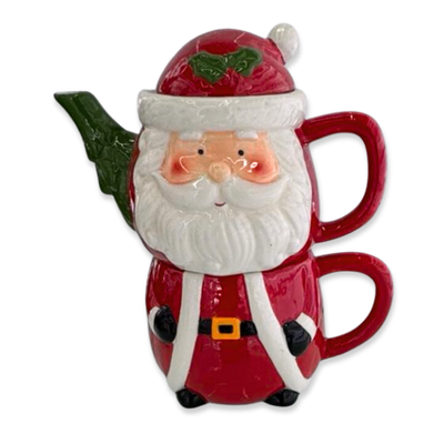 Xmas ceramic santa tea pot set 16x16x17.5cm, Red, medium