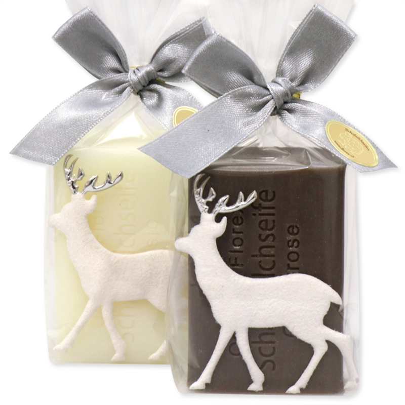 Sheep milk soap 100g classic/christmas rose silver smells, decorated with a white felt deer image number null