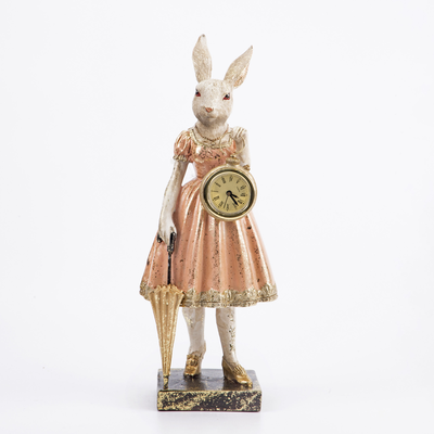 Resin easter white rabbit with watch and umbrella in pink dress, , medium