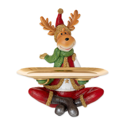 Xmas polyresin deer with gold tray 19x14x27cm xl-7067, , medium