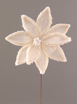 Polyester off-white poinsettia on stem with glitter, , medium