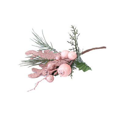 Christmas branch with reminder leaves and rose decorations 25cm, Pink, medium