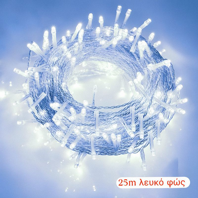Χριστουγεννιάτικα λαμπάκια έσω-εξωτερικού με διαφανές επεκτεινόμενο καλώδιο 25m, White-φως, medium