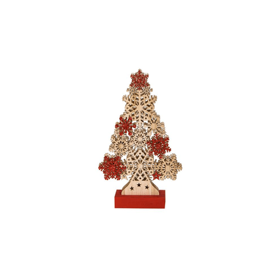 Wooden xmas decor tree with red lights, , medium