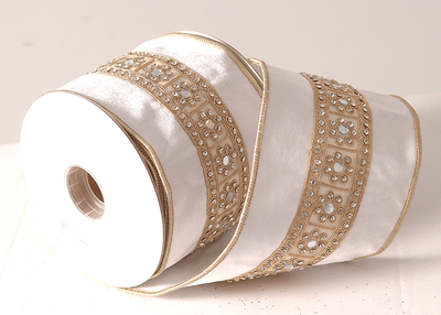Polyester velvet white/gold ribbon, , medium