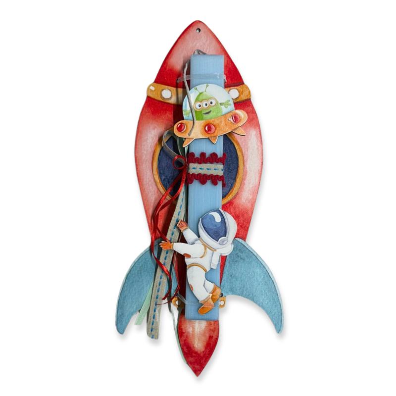 Hand-decorated easter candle with wooden base - space, , medium-null