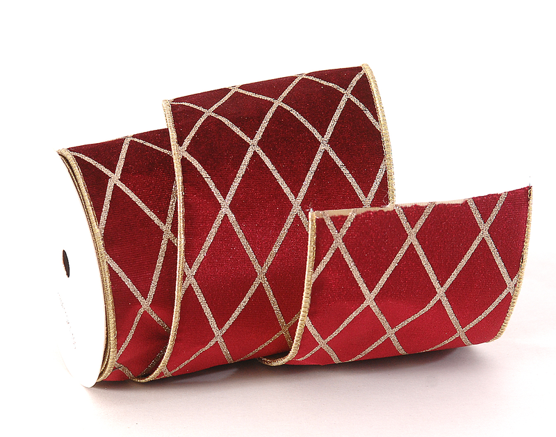 Velvet burgundy/gold ribbon double sided with glitter &checkered, , medium-null