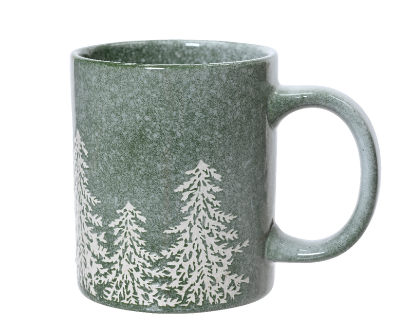Green mug stoneware reactive glaze tree embossed, , medium-null