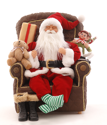Polyester red santa claus with elf & bear sitting on a brown couch h.50cm, , medium