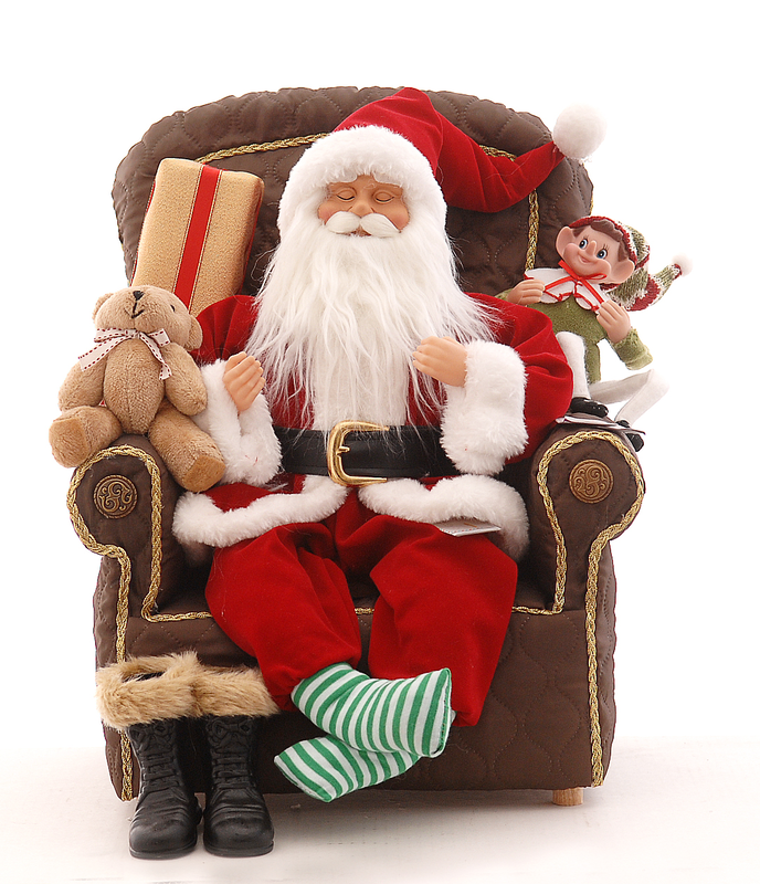 Polyester red santa claus with elf & bear sitting on a brown couch h.50cm, , medium-null