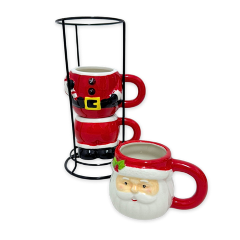 Xmas ceramic mug 3pcs set santa with metal stand, , medium-null