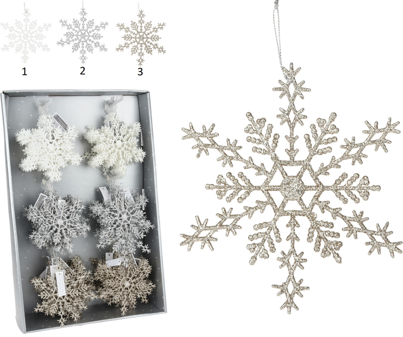 Hanging decoration snowflake 15cm 3 assorted colors, , medium-null