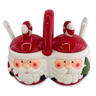 Xmas ceramic santa twin jars w lids  12x16cm, Red, medium