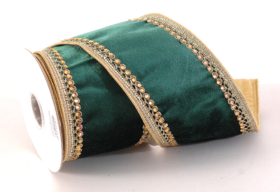 Velvet ribbon dark green with gold details, , medium