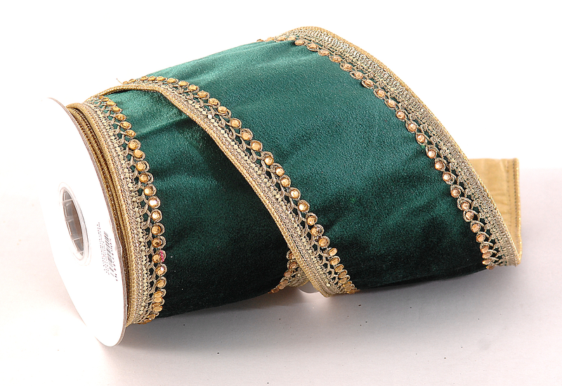 Product image: Velvet ribbon dark green with gold details, , medium-null