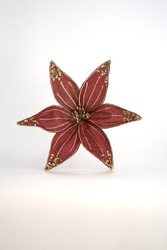 Flower velvet  poinsettia dark red with glitter, , medium-null