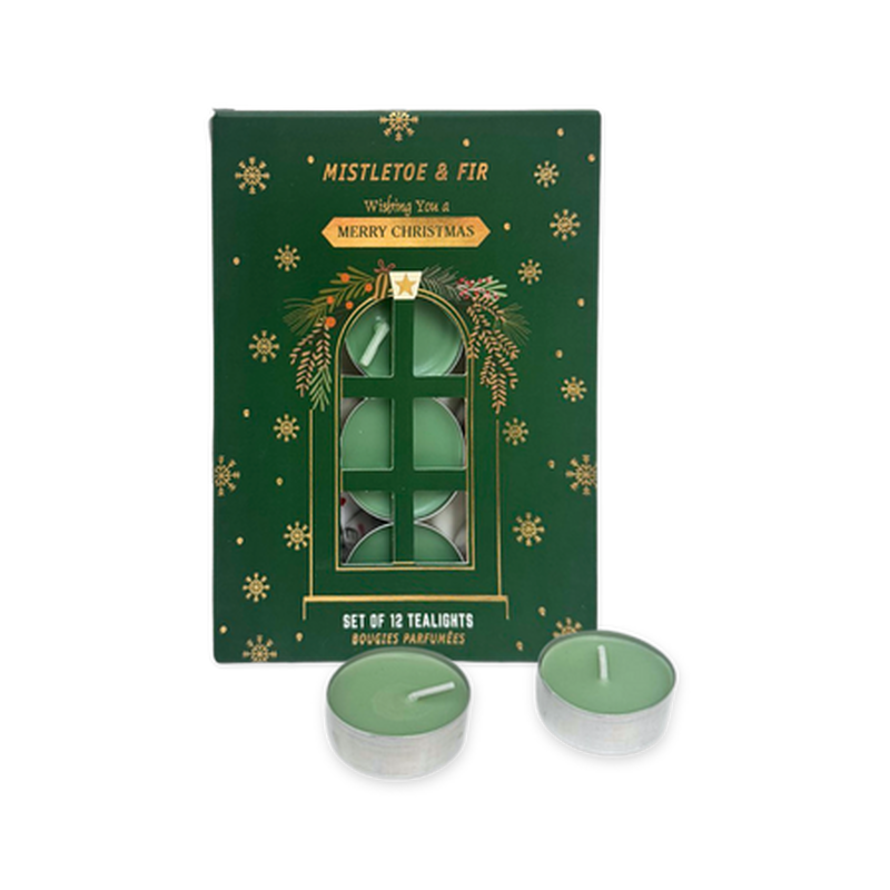 Xmas tealights 12pcs set mistletoe & fir, , medium-null