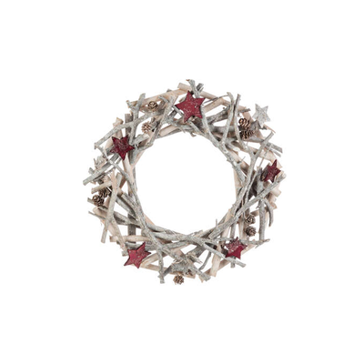 Christmas wooden wreath with red stars 32cm, , medium