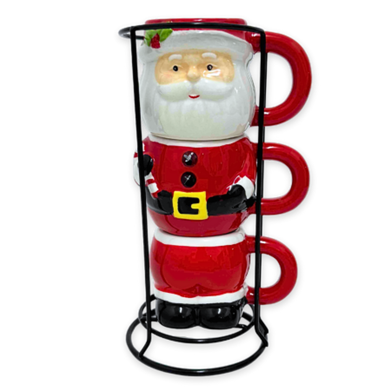 Xmas ceramic mug 3pcs set santa with metal stand, , medium-null