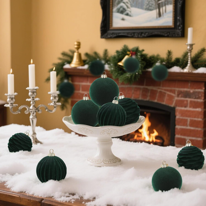 Xmas balls 12 pcs set 8cm green velvet, , medium-null