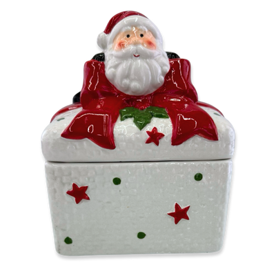 Xmas ceramic santa box with lid 11x9.5x13.5cm, Red White, medium