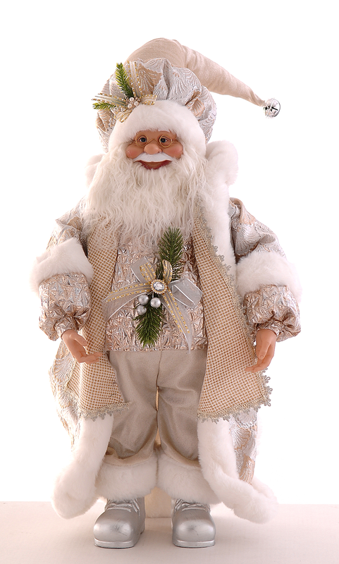 Velvet polyester white/gold sm standing santa claus h.45cm, , medium-null