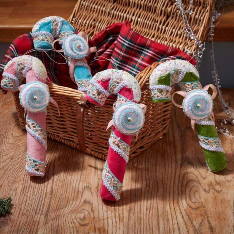 Velvet candy cane hanging decoration 25cm - assorted colors, , medium-null