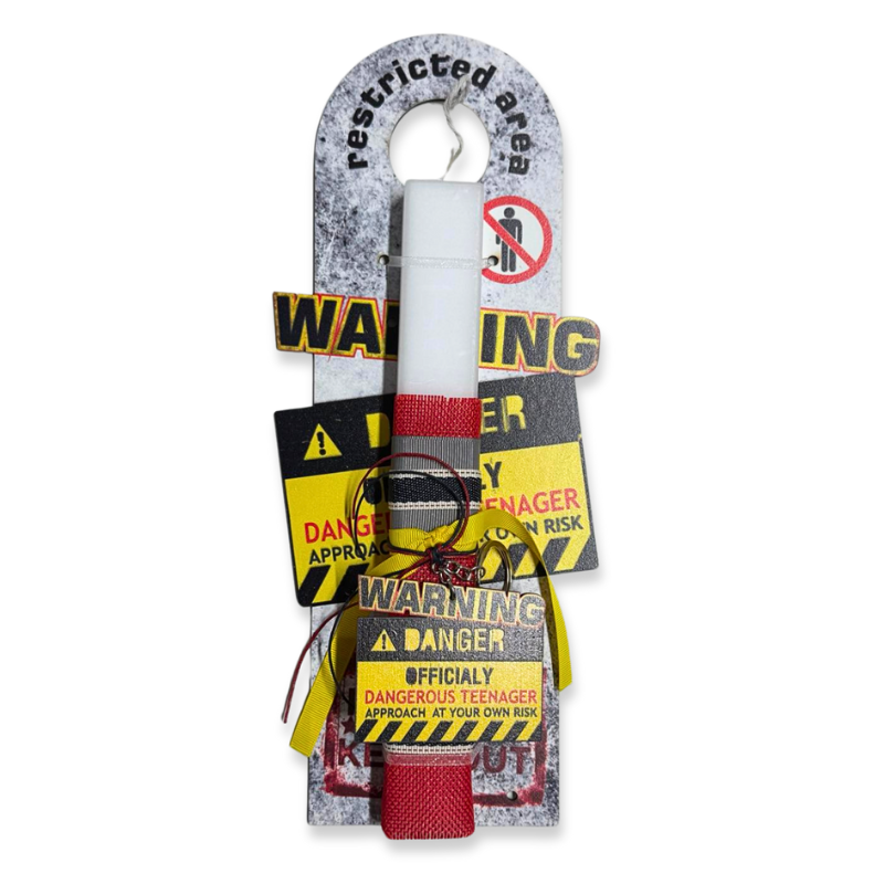 Hand-decorated easter candle with wooden base - warning sign, , medium-null